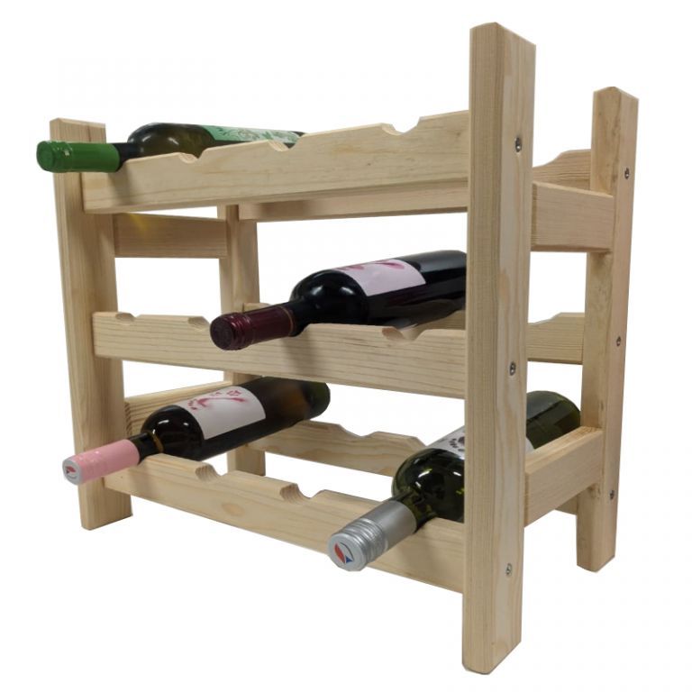 Dřevěný stojan na lahve vína do kuchyně / sklepa / spíže, na 12 lahví, 44x45x25 cm