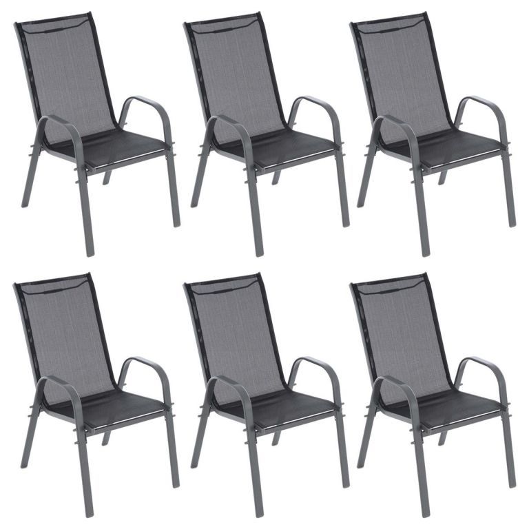Sada 6 ks stohovatelných zahradních židlí, prodyšný potah síťovina, šedá / černá