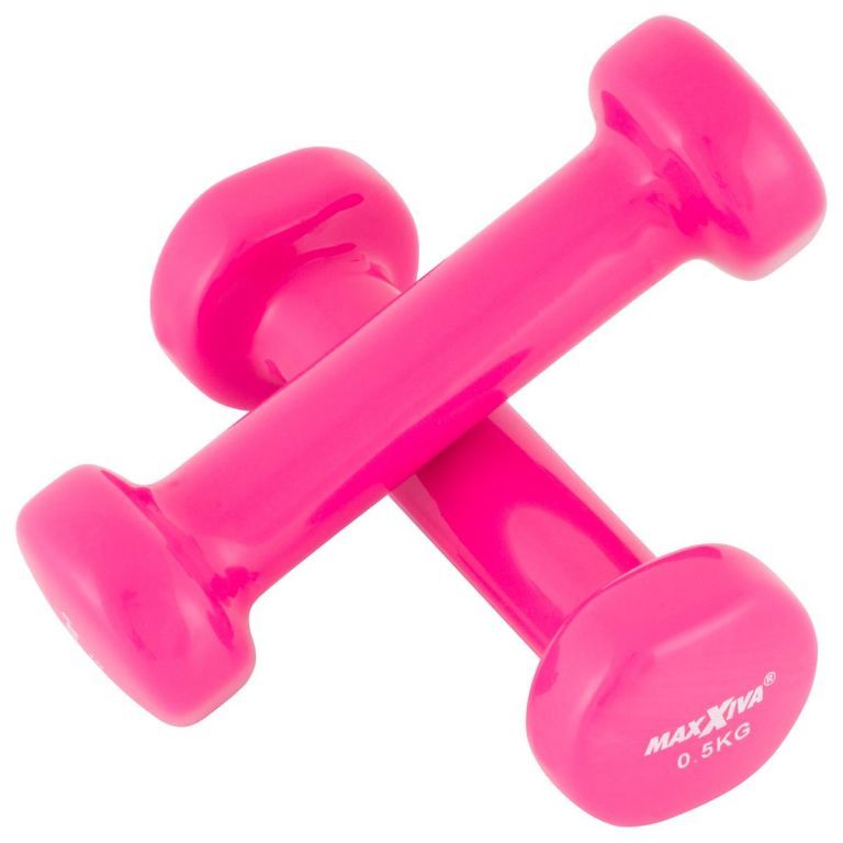 Jednoruční fitness + posilovací činky dámské kov + plastový potah, růžové, 2x0,5 kg