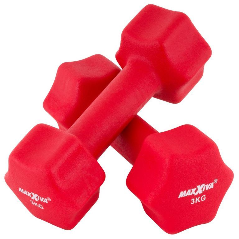 Sada dámských činek na cvičení a fitness, šestihranné, kov + neoprenový potah, červené, 2x3 kg