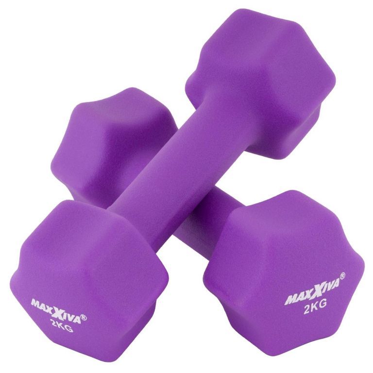 Sada dámských činek na cvičení a fitness, šestihranné, kov + neoprenový potah, fialové, 2x2 kg