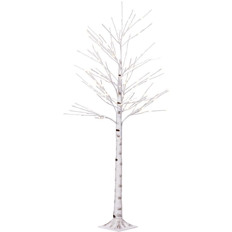 Bílý umělý strom bříza svítící před dům / na zahradu, teplé bílé led diody, DO, časovač, 230V, 150 cm