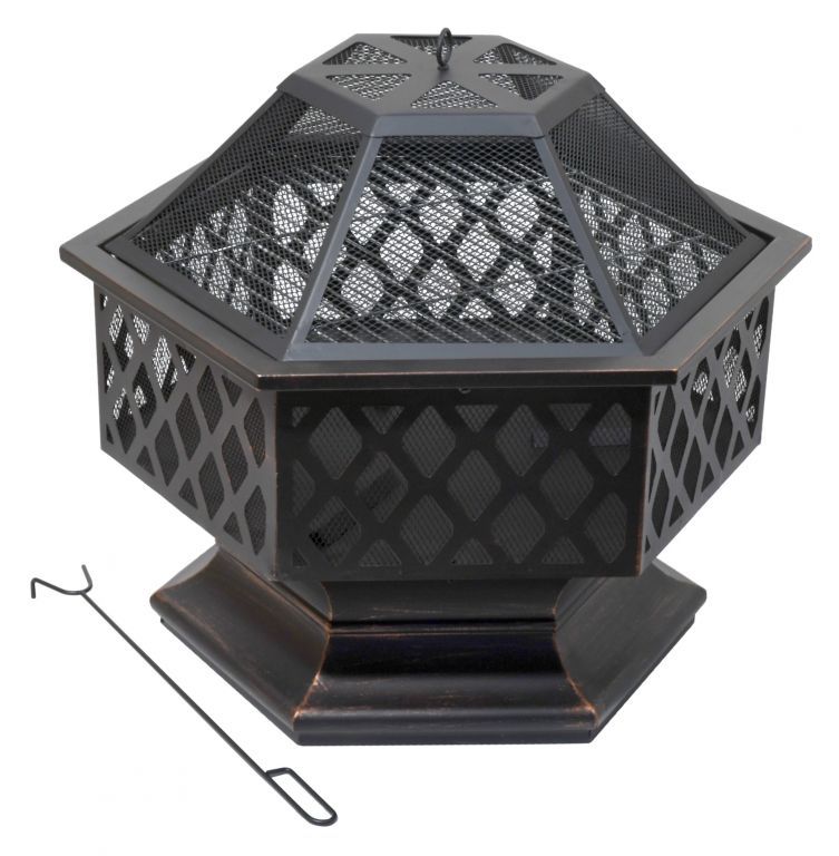 Dekorativní kovové venkovní přenosné ohniště černá + měděná patina, s mřížkou a krytem, 60,5x70x62,5 cm