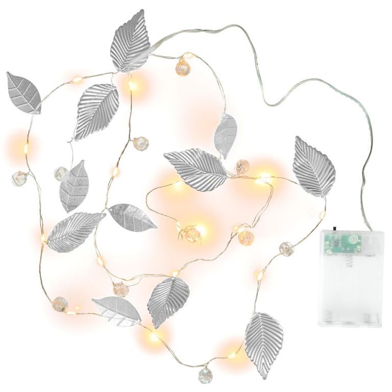 Svítící led dekorativní řetěz do bytu na baterie, stříbrné listy a perly, 20 led, 1,5 m