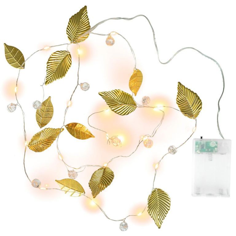 Svítící led dekorativní řetěz do bytu na baterie, zlaté listy a perly, 20 led, 1,5 m