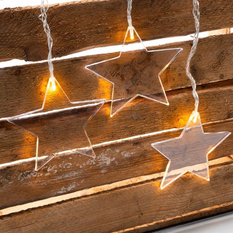 Světelný vánoční závěs do okna LED- hvězdy teple bílé, na baterie, časovač, přísavky, 78x40 cm