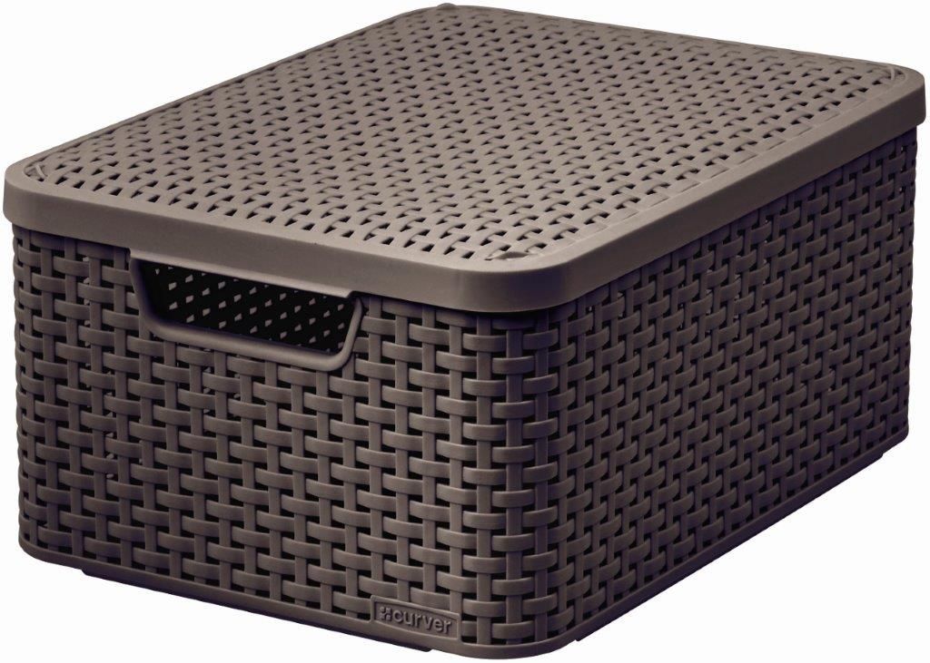 Skladovací box umělý ratan tmavě hnědý s víkem, prodyšný, 18 L, 39,3x18,7x29,3 cm
