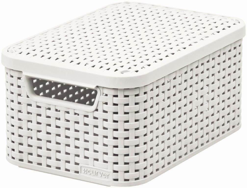Skladovací box umělý ratan bílý s víkem, prodyšný, 6 L, 29,1x14,2x19,8 cm