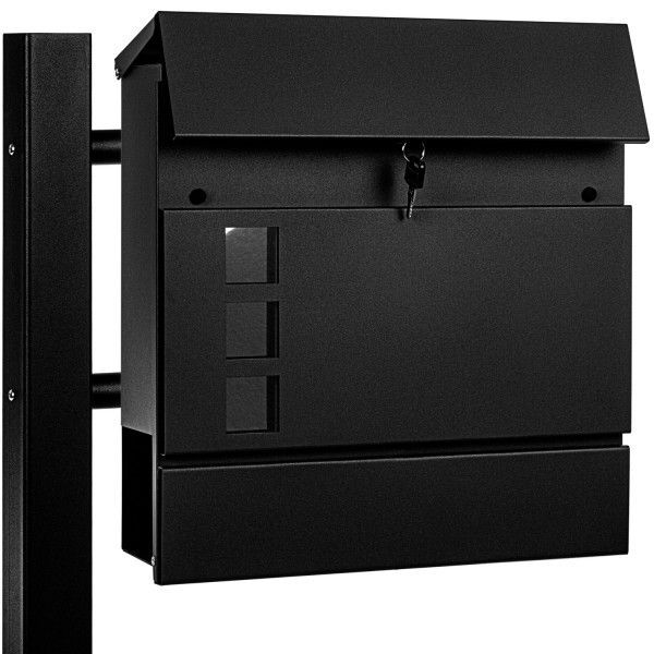 Poštovní schránka na noze moderní design černá pro rodinné domy, 37x37x10 cm (noha 120 cm)
