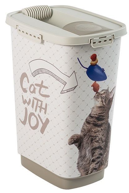 Plastový box na krmivo pro kočky velký 25 L, béžový, výklopná násypka