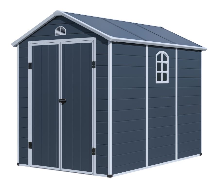 Zahradní domek / garáž na kola, šedý, plastové panely + kovové výztuhy, 241x238x278 cm