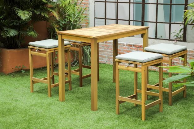 Venkovní set barového stolu a 4 stoliček masivní dřevo akácie + šedé podušky