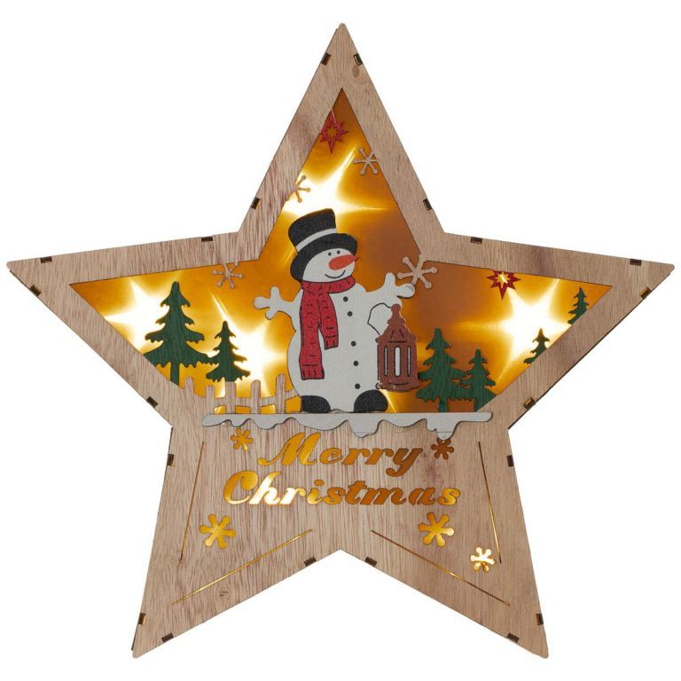 Dřevěná vánoční svítící hvězda 3D k postavení do bytu, 8 led, tepl bílá, vyřezávaný motiv sněhulák, 30 cm
