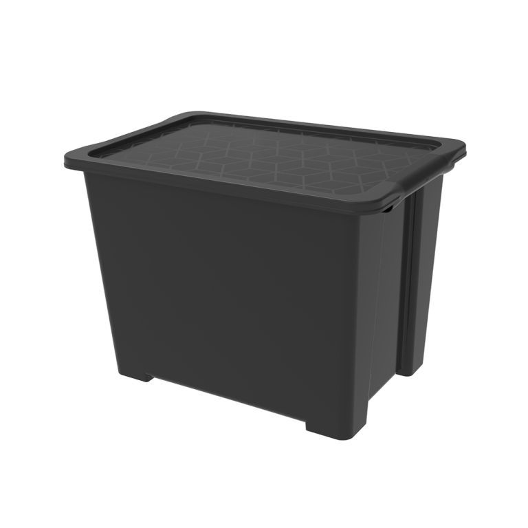 Černý plastový úložný box s víkem do dílny/ spíše / sklepa / garáže, 65 L