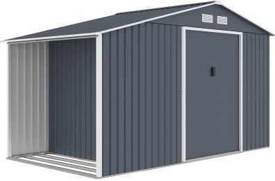 Moderní kovový zahradní domek na nářadí s dřevníkem šedý 342x191x202 cm