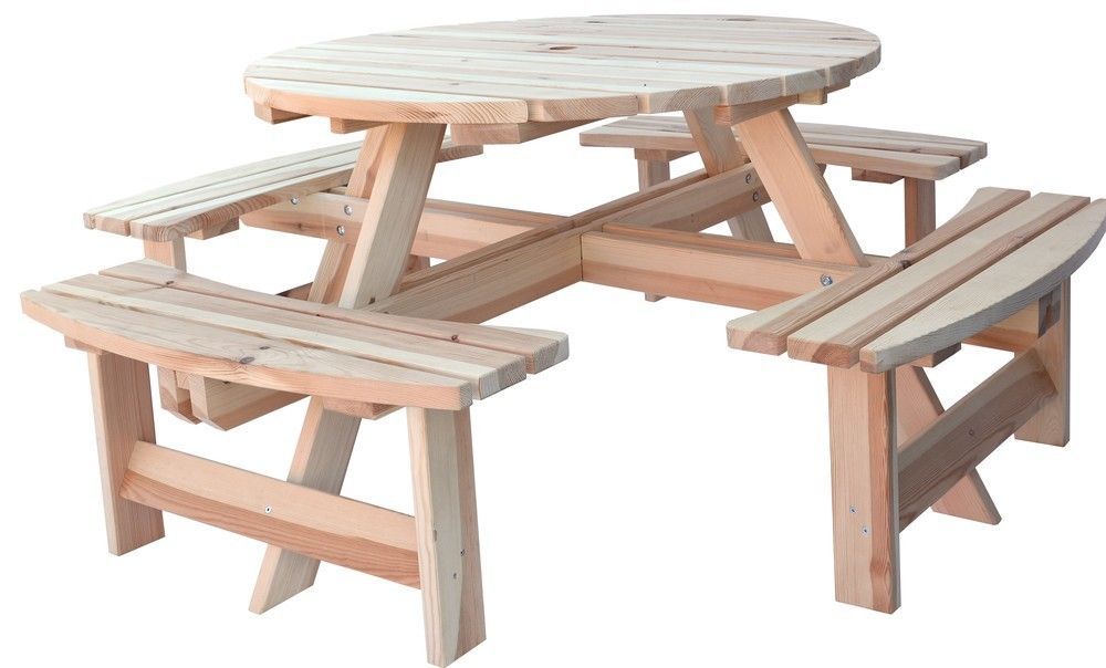 Zahradní piknikový set kulatý stůl + lavice, dřevo - masiv borovice přírodní, průměr stolu 110 cm