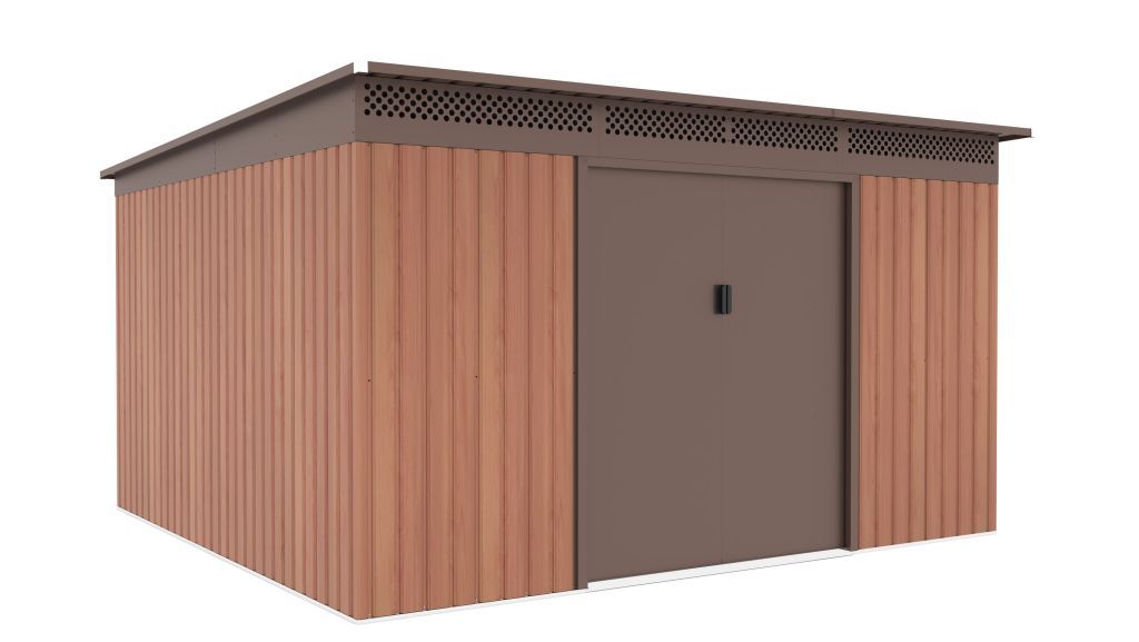 Plechový zahradní domek- garáž stavebnice, posuvné dveře, hnědý- imitace dřeva, 340x333x191 cm
