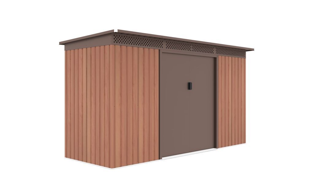 Plechový zahradní domek- garáž stavebnice, posuvné dveře, hnědý- imitace dřeva, 340x142x184 cm