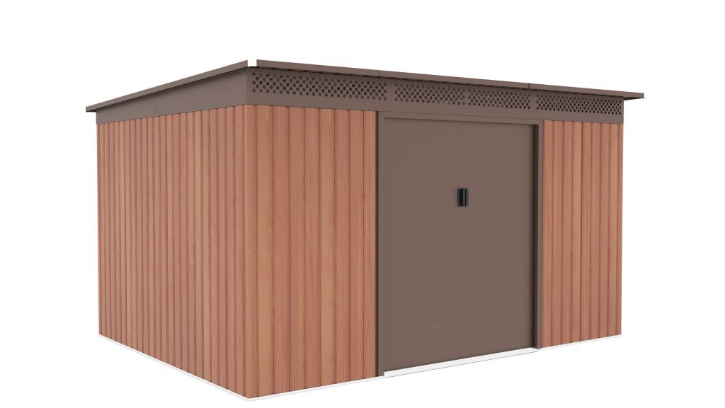 Plechový zahradní domek- garáž stavebnice, posuvné dveře, hnědý- imitace dřeva, 340x269x189 cm