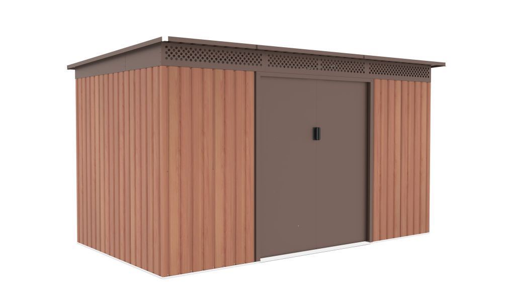Plechový zahradní domek- garáž stavebnice, posuvné dveře, hnědý- imitace dřeva, 340x206x186 cm