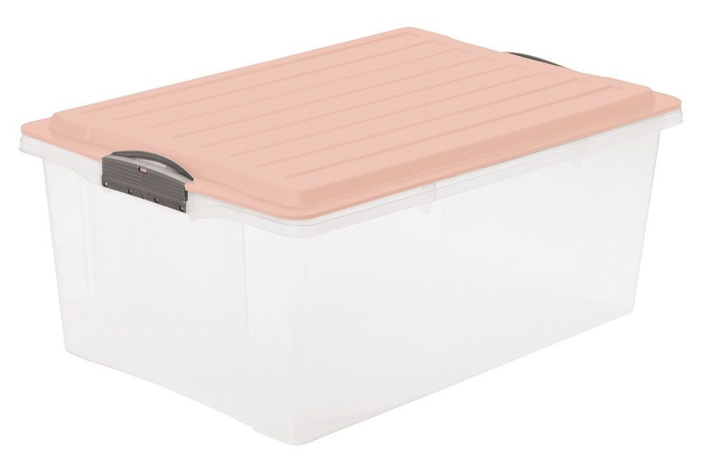 Plastový úložný box průhledný s růžovým víkem s klipy, 38 L