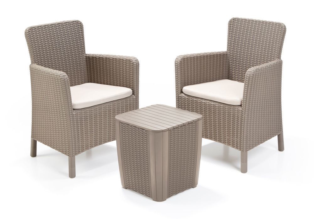 Set balkonového nábytku pro 2 umělý ratan, 2x křeslo + stůl s úložným prostorem, hnědý (cappuccino)