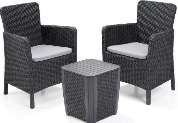 Set balkonového nábytku pro 2 umělý ratan, 2x křeslo + stůl s úložným prostorem, grafit (tmavě šedý)