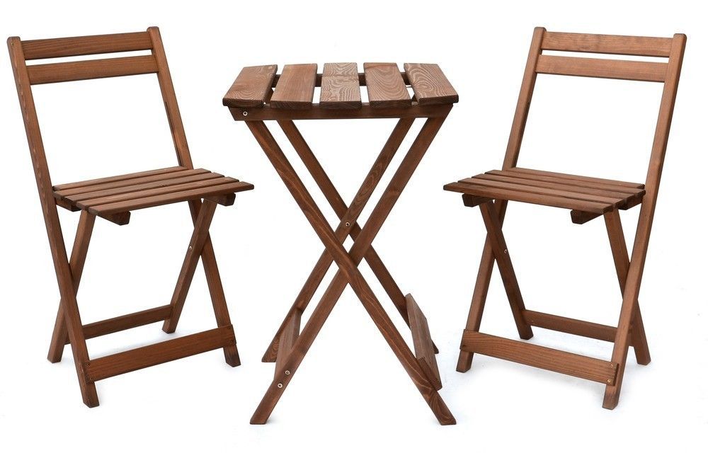Dřevěný skládací malý set nábytku na balkon pro dva, tmavě hnědý, masiv borovice