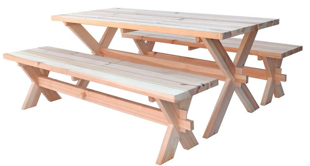 Masivní bytelný set stolu a 2 lavic dřevěný venkovní, borovice nelakovaná, 180 cm