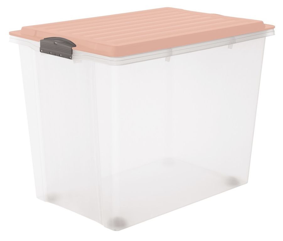 Velký průhledný úložný box s víkem na klipy, růžový, 70 L