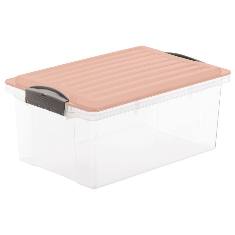 Úložný plastový box A4 s víkem do bytu / kanceláře / spíže, transparentní / růžová, 13 L