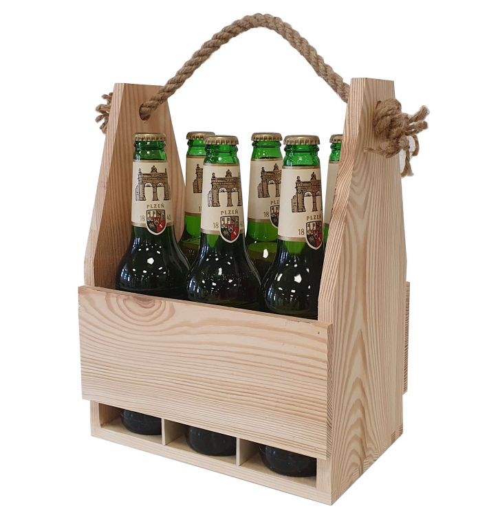 Dřevěný nosič na 6 lahví piva, masiv borovice, 24,5x32x17 cm