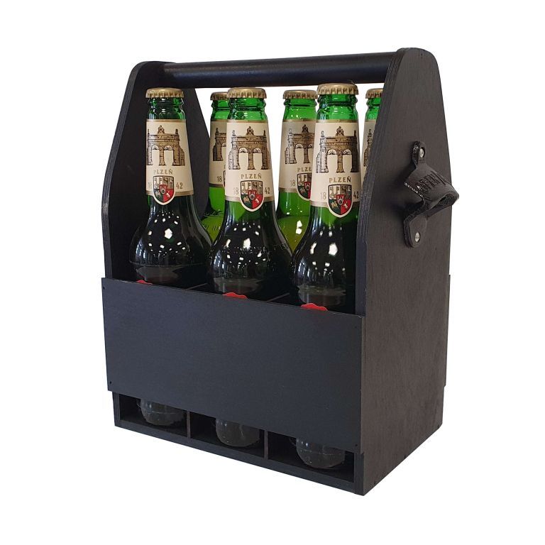 Dřevěný nosič na 6 lahví piva, masiv borovice, otvírák, 23,5x30x15,5 cm