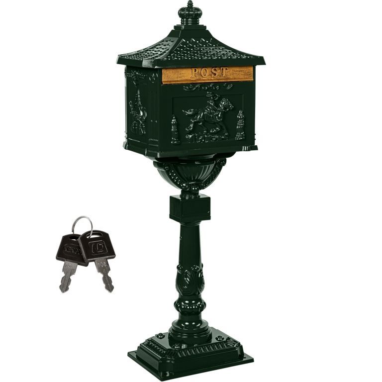 Poštovní schránka starožitná sloupová se stojanem před dům / firmu, kov, tmavě zelená, 118 cm