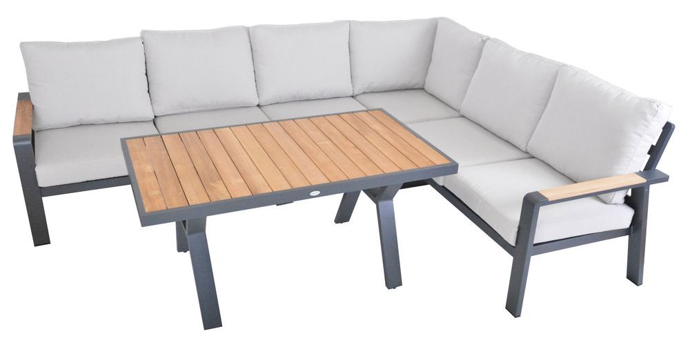 Hliníkový set nábytku venkovní terasový s rohovou lavicí, pratelné polstry, šedá / dřevo teak
