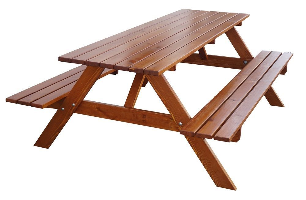 Zahradní stůl s lavicemi dřevěný - masiv borovice, lak kaštan tmavě hnědý, 200 cm