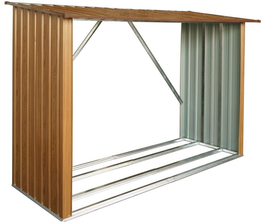 Moderní dřevník kovový v imitaci dřeva hnědý pozinkovaný 217x154x89 cm