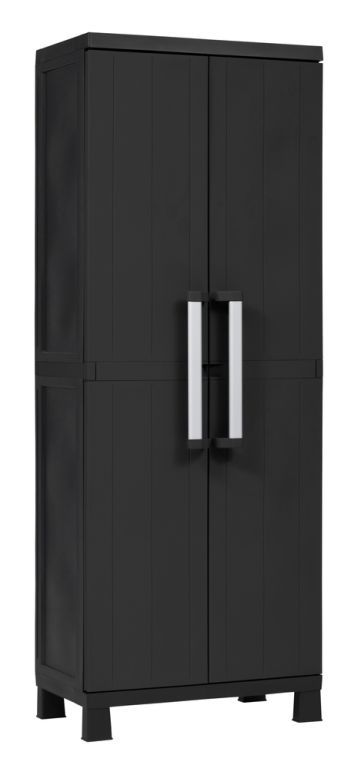 Velká plastová skříň na nožičkách černá, otočné dveře do dílny / garáže / domácnosti 65x173x37 cm